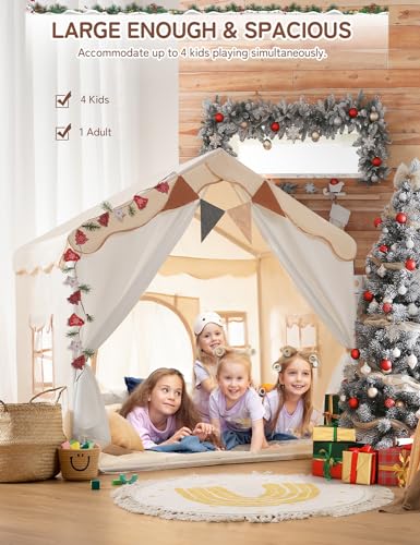 Besrey Kids Play Tent 2 in 1 with Padded Mat and Lights, Large Kids Playhouse with 2 Doors & 4 Windows, Indoor & Outdoor, ...