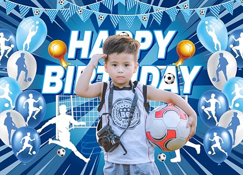 XCKALI Soccer Birthday Backdrop Blue Soccer Happy Birthday Photography Bckdground Sports Party Decorations Photo Booth Pro...