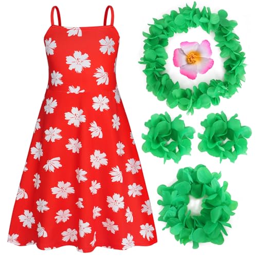 Benylion Hawaiian Dress Girls Red Leaf Dress Summer Dresses Halloween Christmas Cosplay Birthday Party Wear