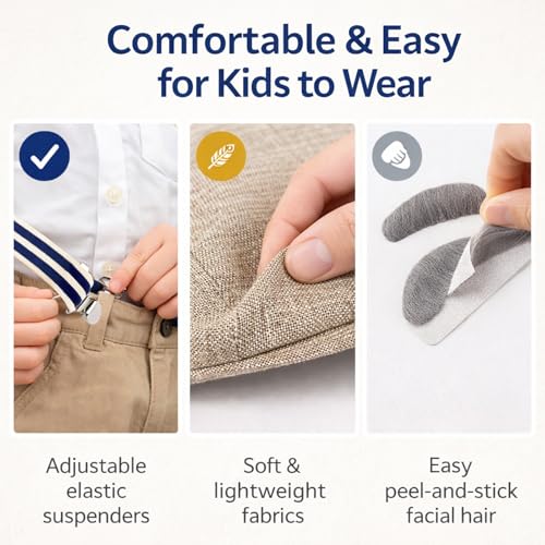Tangrove Old Man Costume for 100 Days of School - 6PCS Set Include Beret Hat, Beard & Eyebrows,Suspenders, Bow Tie, Glasses