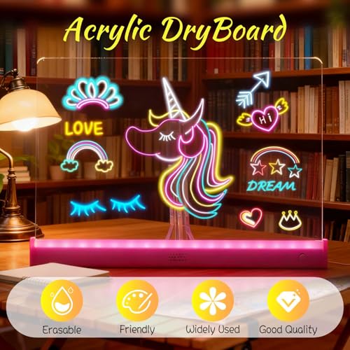 Acrylic Dry Erase Board with Light, LED Note Board with Colors, Magic Sketch LED Board with Stand, Reusable Dry Erase Mess...