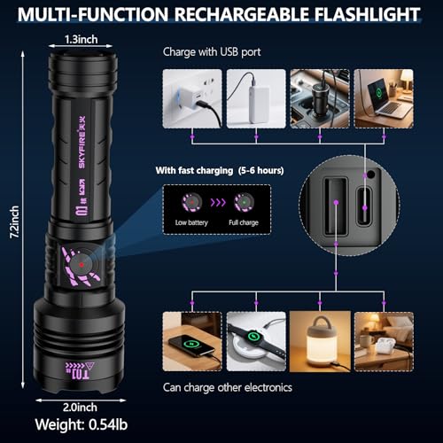 SKYFIRE Rechargeable Flashlights High Lumens: LED Super Bright Flashlight 3000lm Zoomable 5 Modes Tactical Waterproof Powe...