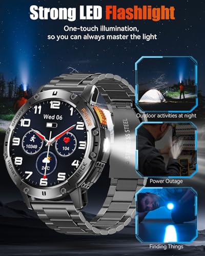 PODOEIL Military Smart Watches for Men with Bluetooth Call, 1.43" AMOLED Waterproof Smartwatch with Flashlight, 111 Sport ...