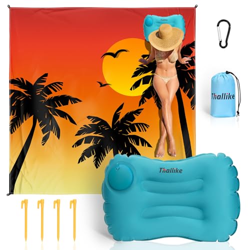 Beach Blanket, Waterproof Sandproof Beach Mat with Stakes and Inflatable Camping Pillow, 79" X 83" Quick Drying Lightweigh...