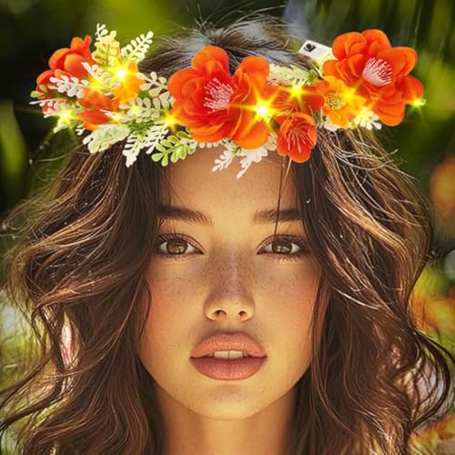 DRESBE Light Up Flower Crown Headband LED Floral Fairy Hair Accessories for Women (Orange)