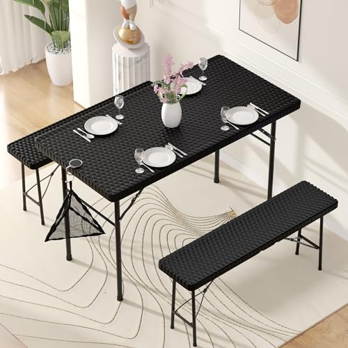 VECELO Dining Table Set for 4, Faux Rattan Card Folding Dinette for Small Space with 2 Benches, Kitchen/Breakfast Nook/Liv...