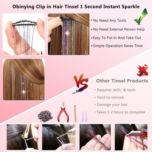 Obinying Hair Tinsel Pack of 18 Pcs Hair Tinsel Clip in 20.5 Inch Glitter Tinsel Hair Extensions Clip in Hair Tinsel Kit P...