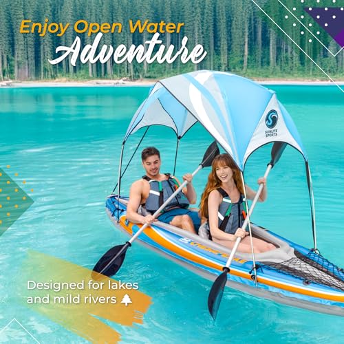 Sunlite Sports 2-Person Inflatable Kayak with Aluminum Oars (136" x 33"), High Output Air Pump and Storage Bag, Double Tan...