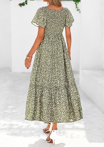 PRETTYGARDEN Boho Dresses for Women 2026 Summer Floral Short Sleeve V Neck Smocked Flowy Beach Vacation Maxi Dress