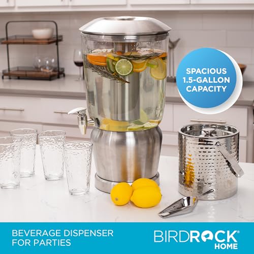 BirdRock Home 1.5 Gallon Stainless Steel Beverage Dispenser with Ice Container, Stand & Spigot - Round - BPA Free Clear Tr...