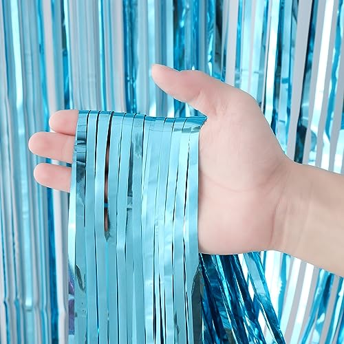 Voircoloria 3 Pack 3.3x8.2 Feet Light Blue Foil Fringe Backdrop Curtains, Tinsel Streamers Birthday Party Decorations, Fri...