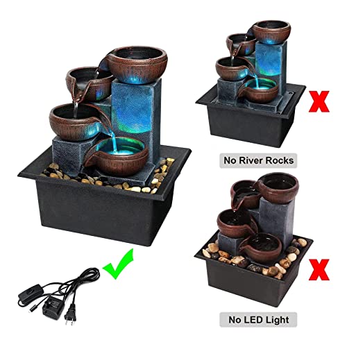 Small Indoor Relaxation Tabletop Fountain, Zen Meditation Waterfall Feature with Color LED Light & Natural Rocks, 4 Level ...