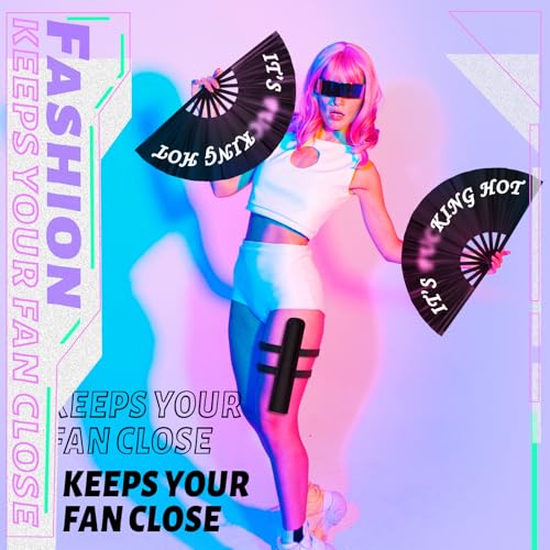 Anglechic 13" Large Folding Rave Fan with Holster for Men Women Festival Line Dancing Music Festival Party Black Decoration
