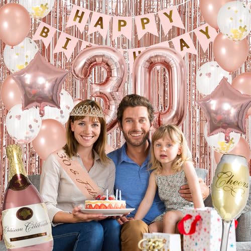 30th Birthday Decorations for Her,Happy 30th Birthday Banner,Backdrop,Crown, Sash,Goblet Balloons, Champagne and Star Ball...