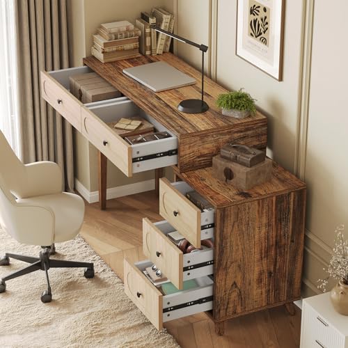 LITTLE TREE 39-Inch Writing Desk with 5 Drawers & Retractable Cabinet, Small Expantable Computer Desk, Vanity Table with Storage, Interchangeable Left and Right, for Small Spaces, Brown