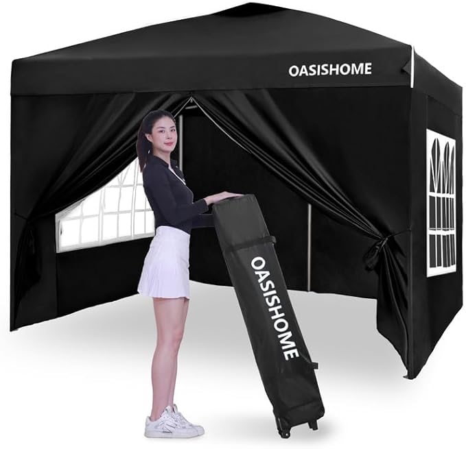 OASISHOME Pop-up Gazebo Instant Portable Canopy Tent 10'x10', with 4 Sidewalls, Windows, Wheeled Bag, for Patio/Outdoor/We...