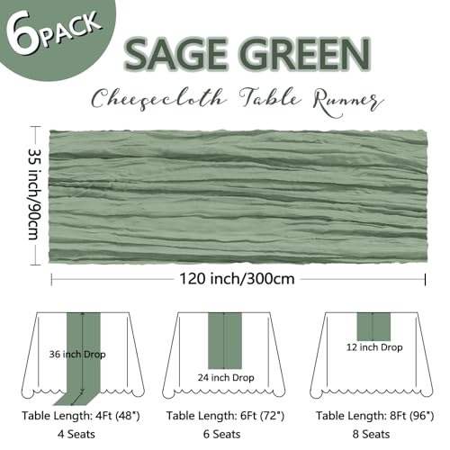6 Pack Sage Green Cheesecloth Table Runner 10Ft Gauze Cheese Cloth Table Runner 35x120 Inch Boho Sheer Rustic Fabric for P...