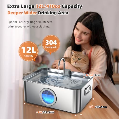 12L/3.2Gal Dog Water Fountain Stainless Steel with Silicone Mat & 3 Set Filters, DYSJ01 Dog Fountain Water Bowl for Large ...