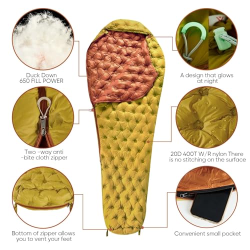Xsog Ultralight Down Sleeping Bag for Adults, 1.92lbs 32-55F 650 Fill Down, Lightweight Compact Mummy Backpacking Sleeping...