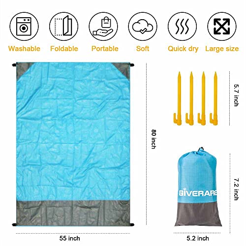 GIVERARE Sandfree Beach Blanket, Waterproof Picnic Blanket, Quick Drying Indoor&Outdoor Family Mat with 4 Stakes&4 Corner ...