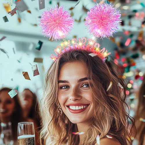 Uranian Light Up Happy Birthday Headbands Led Glitter Pompom Hairbands Glow Birthday Party Hair Accessories for Women