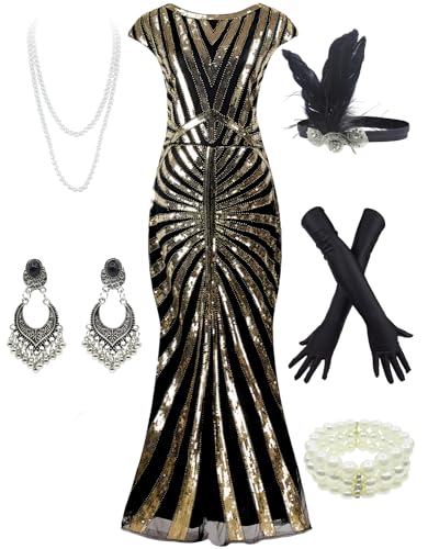 Women 1920S Gatsby Sequin Mermaid Formal Evening Dress with 20s Accessories Costume