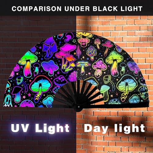FEFURS 2PCS UV Glow Rave Fan,13in Large Folding Hand Rave Fan with 2 Rave Fan Thigh Holsters,Clack Fan for Line Dancing,Mu...