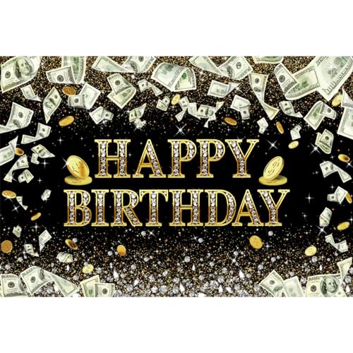 Renaiss 7x5ft Dollar Bill Birthday Backdrop Dollar Coins Diamonds Glittering Black Gold Money Birthday Photography Backgro...
