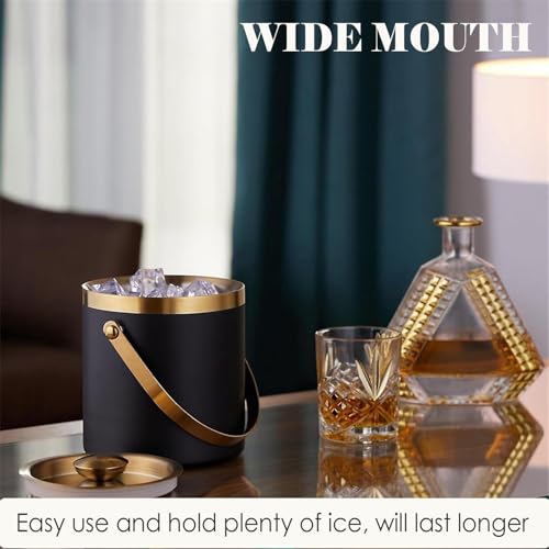 Sipoyen Insulated Ice Bucket with Lid, Handle and Tong Black Gold Stainless Steel Champagne Bucket for Party 3L Bar Cart A...