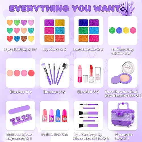 54 Pcs Kids Makeup Kit for Girls, Princess Real Washable Pretend Play Cosmetic Set Toys with Mirror, Birthday Gifts for 3 ...
