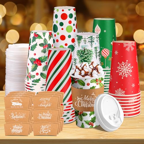 36 Sets/ 108 Pcs Christmas Paper Cups 16 oz Disposable Xmas to Go Coffee Drinking Cups with Lids and Sleeves Xmas Hot Coco...