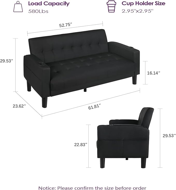 TYBOATLE Sofa Couch 62" W Loveseat w/ 2 USB Charger Ports & 2 Cupholders, Mid-Century Modern Black Faux Leather Tufted Small Love Seat Couches for Office,Compact Living Room,Bedroom,Apartment,Dorm
