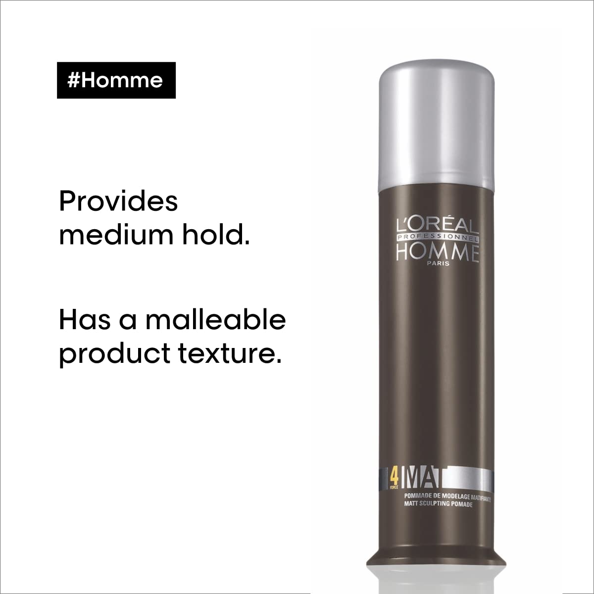 L'Oreal Professionnel Mens Styling Pomade - For All Hair Types, Provides Medium Hold and Matte Finish
