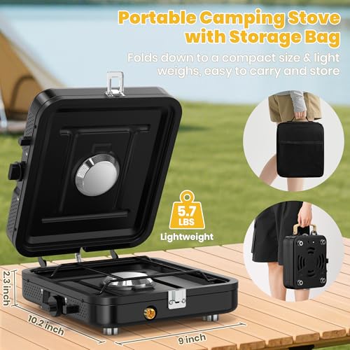 Camp Stove Propane, 2 Burner Folding Propane Camping Stove with Carrying Bag, Adjustable High Heat Burners & Piezo Push-Bu...