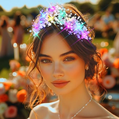 JEAIRTS Light Up Beaded Crown Headband Silver Glow Bridal Pearl Headpiece Flashing Costume Prom Hair Accessories for Women