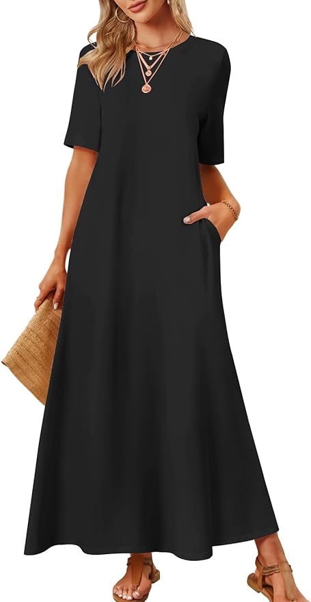MEROKEETY Summer Maxi Dresses for Women 2026 Vacation Spring Casual Short Sleeve Basic Long T Shirt Dress Pockets