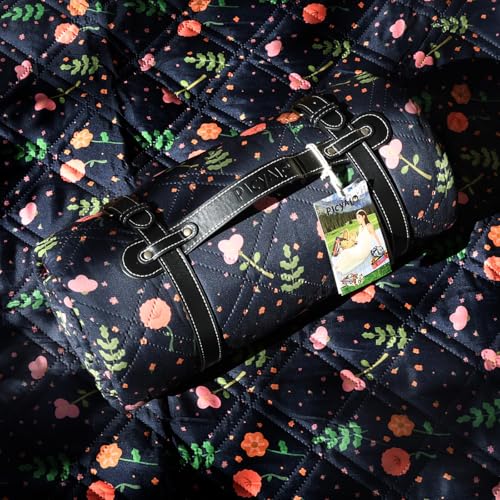 80x80” Double Thickened Picnic Blankets(150g High Density Cotton Stuffed) Navy Blue Floral Pattern Outdoor Picnic Mat Port...