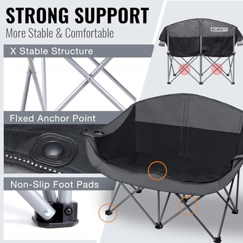 WILDROOTS Outdoor Folding Double Camping Chair Adults 2 Person,Heavy Duty 600 LBS Loveseat with 2 Cup Holder,Portable Carr...