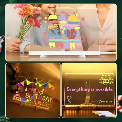 Creative Rewritable Acrylic LED Message Board, LED Note Board with 7 Colors, Light up Dry Erase Board with Stand and 7 Col...