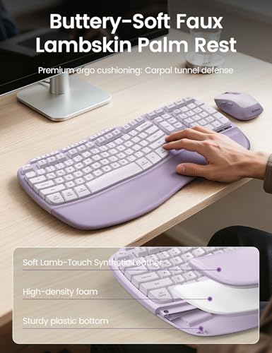 Purple Ergonomic Wireless Keyboard and Mouse Combo, Sablute 2.4G Full Size Ergo Wave Key Board with Cushioned Plam Rest, N...