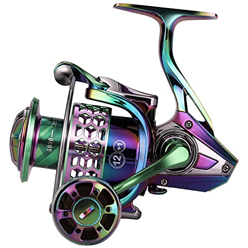 Sougayilang Fishing Reel, Colorful Aluminum Frame Spinning Reels with - 12+1 Stainless BB, Oversize Aluminum Handle for Sa...