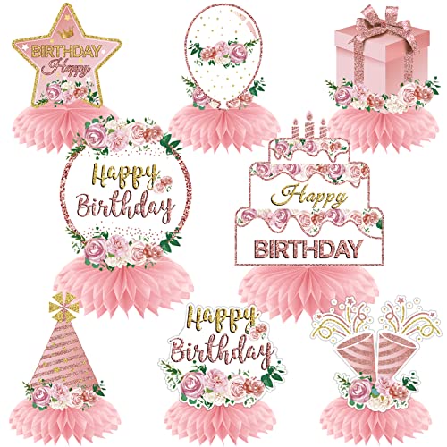 Aodocuto Pink Rose Gold Birthday Decorations Floral Honeycomb Centerpieces for Women Girls, 8pcs Floral Birthday Table Cen...