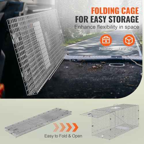 VEVOR Live Animal Cage Trap, 42" x 16" x 18" Humane Cat Trap Galvanized Iron, Folding Animal Trap Cage with Handle for Stray Dogs, Armadillos, Raccoons, Foxes