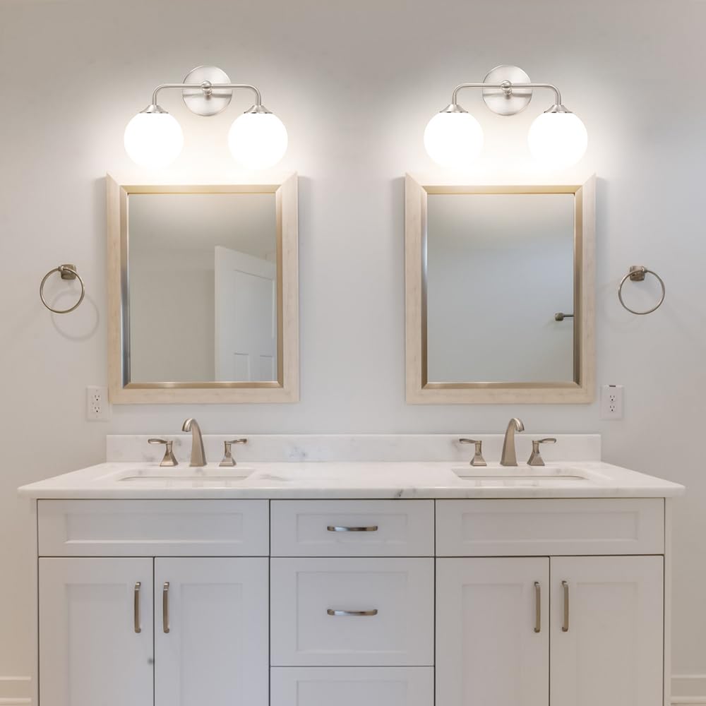 Modern Brushed Nickel 2-Lights Bathroom Vanity Lights, Bathroom Lighting Fixtures Over Mirror with Milk White Globe Glass Shade, Elagant Wall Sconces for Dressing Table Bedroom Living Room