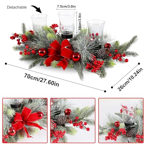 Red Christmas Table Centerpiece,Christmas Decoration Cedar with 3 Candlestick Glass Cup, Red Berry, Balls for Holiday Part...