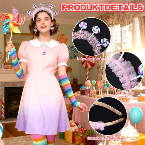 SEPGLITTER Lollipop Costume Women's Set, Candy Costume for Carnival with Hairband, Earrings, Necklace, Gloves and Overknees