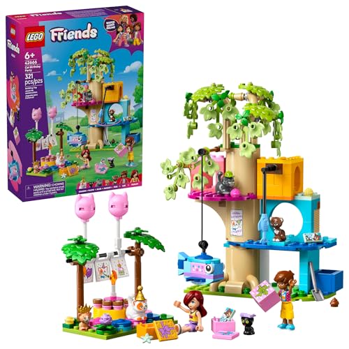 LEGO Friends Cat Birthday Party & Tree House Building Toy - Pretend Play Building Blocks W/Cat Toys & 2 Minidolls - Creati...