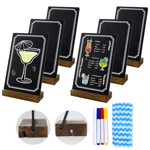 Horchen 6 Pack Small Chalkboard Signs With Stand, 8x5'' Table Top With Wooden Base, Double-Sided Mini for Food Message Boa...