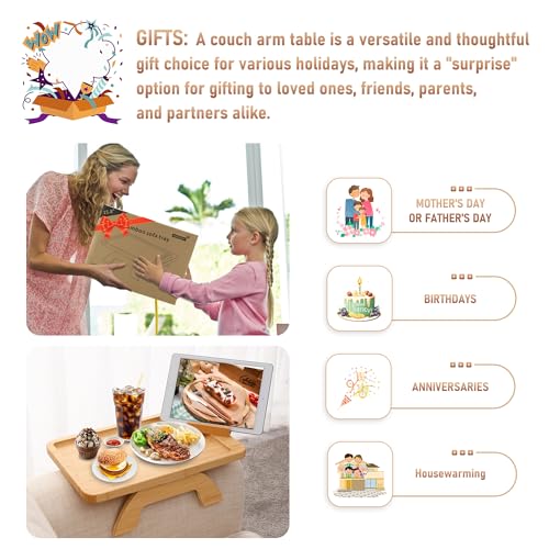 SINWANT Couch Arm Tray,Bamboo Sofa Clip on Side Table,Foldable Couch Armrest Table with 360° Phone Holder,Food Trays for E...
