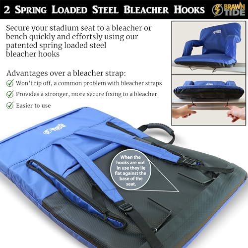 BRAWNTIDE Stadium Seat with Back Support - Comfy Cushion, Thick Padding, 2 Steel Bleacher Hooks, 4 Pockets, 2 Cup Holders,...